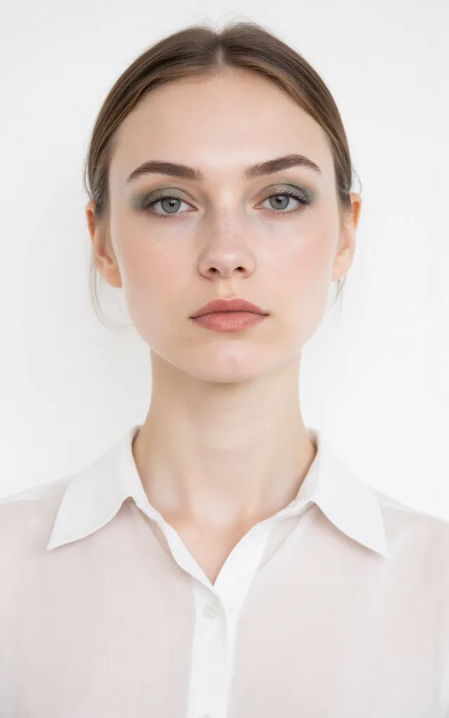 A French female model with a Fairy   like makeup style, wearing a shirt, against a white background, in a front   facing bust portrait